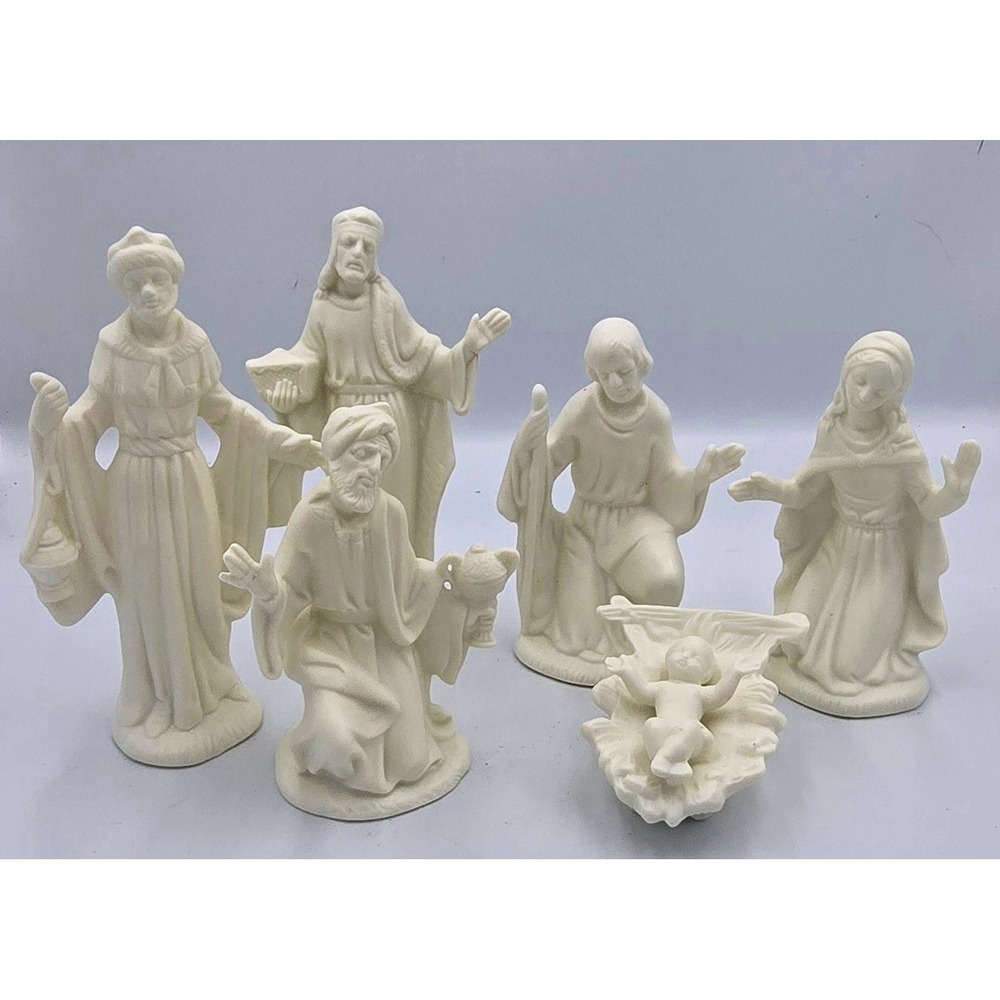 Vintage Nativity Scene Figurines Set Matte Ivory Ceramic 7 Piece 1980's Taiwan‎